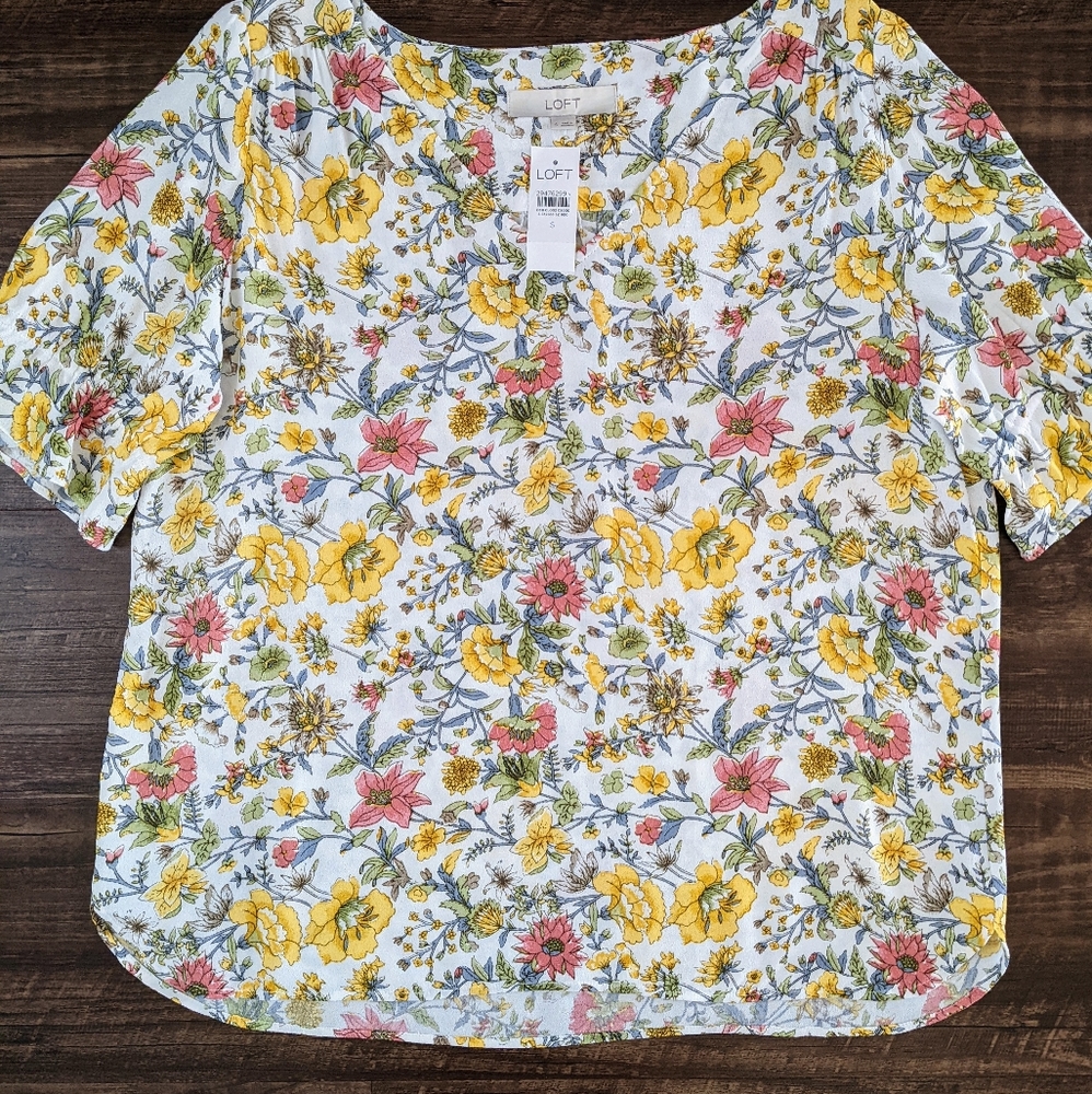 LOFT Floral Short Sleeve Blouse in White, Yellow & Pink